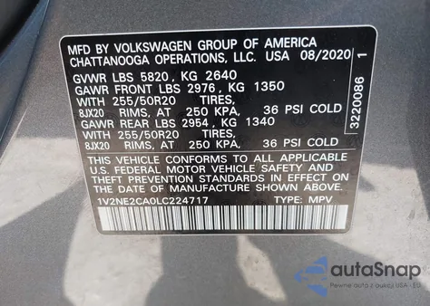 2020 Volkswagen Atlas Cross Sport 3.6L V6 Sel Premium из США, поврежденный, VIN 1V2NE2CA0LC224717